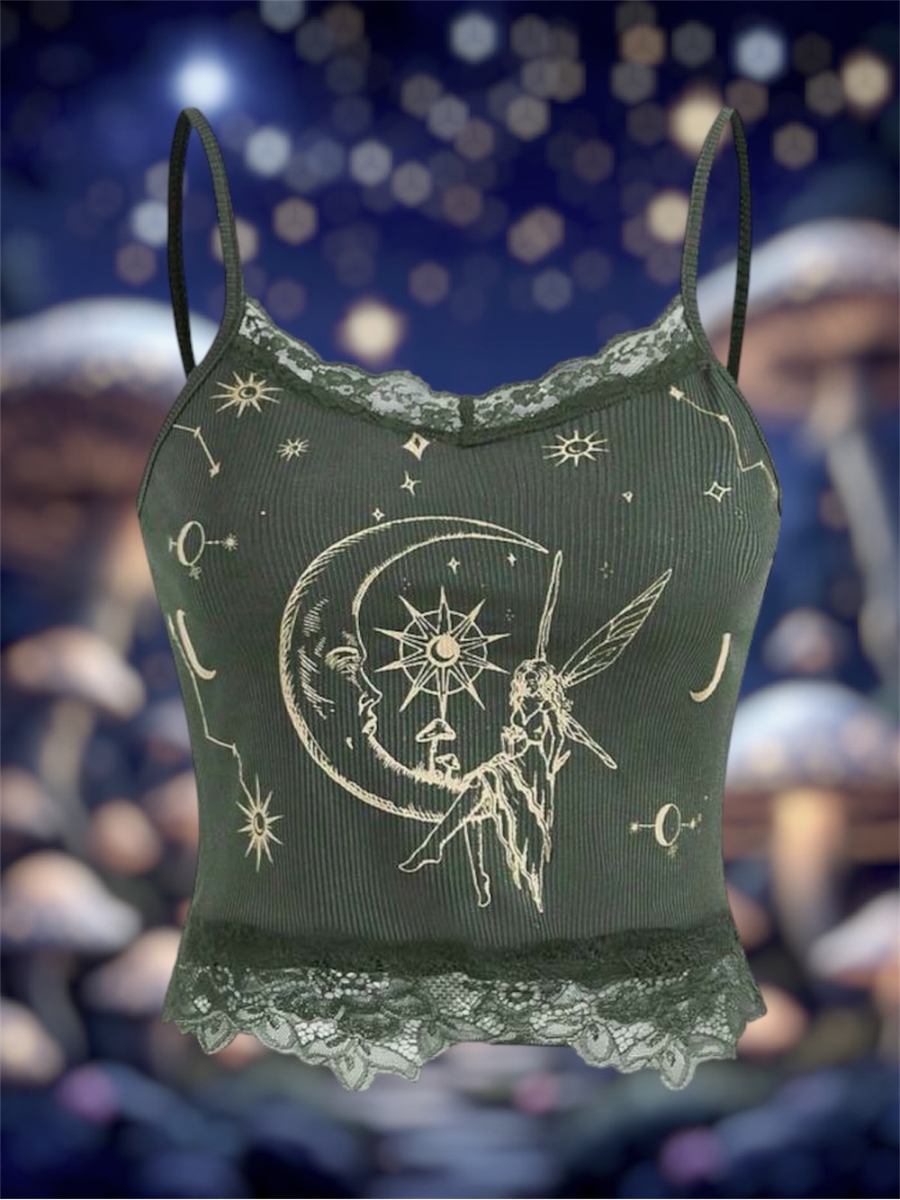 ROMWE Fairycore Sun & Moon Graphic Contrast Lace Cami Top XS Small Medium
